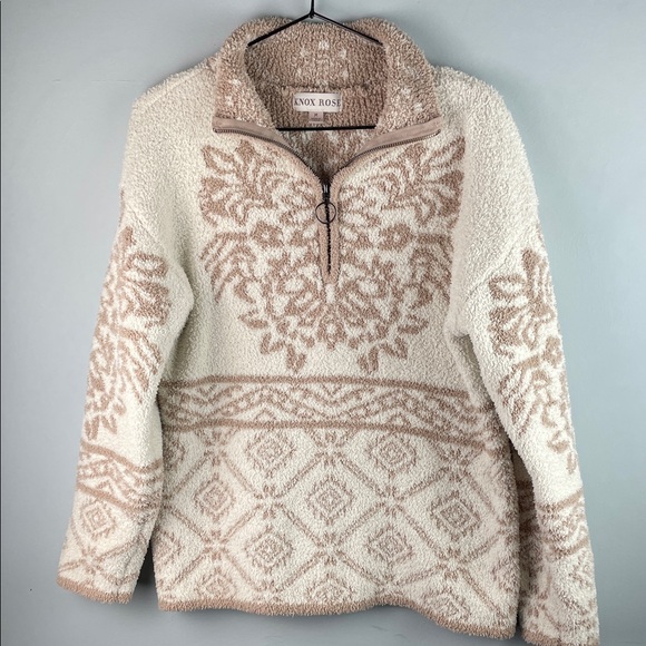 Knox Rose Sweaters - Knox Rose Cream & Taupe Sherpa Half-Zip Pullover Size M